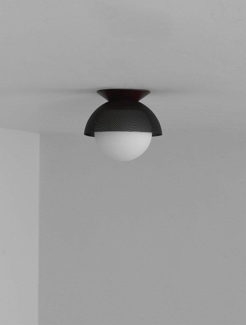 Flush Dome 08" Perforated shown in Flat Black, Black Walnut, Matte White Globe